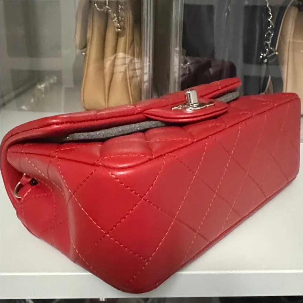 Authentic Chanel Classic Red Quilted Rectangle Mini Lambskin Bag